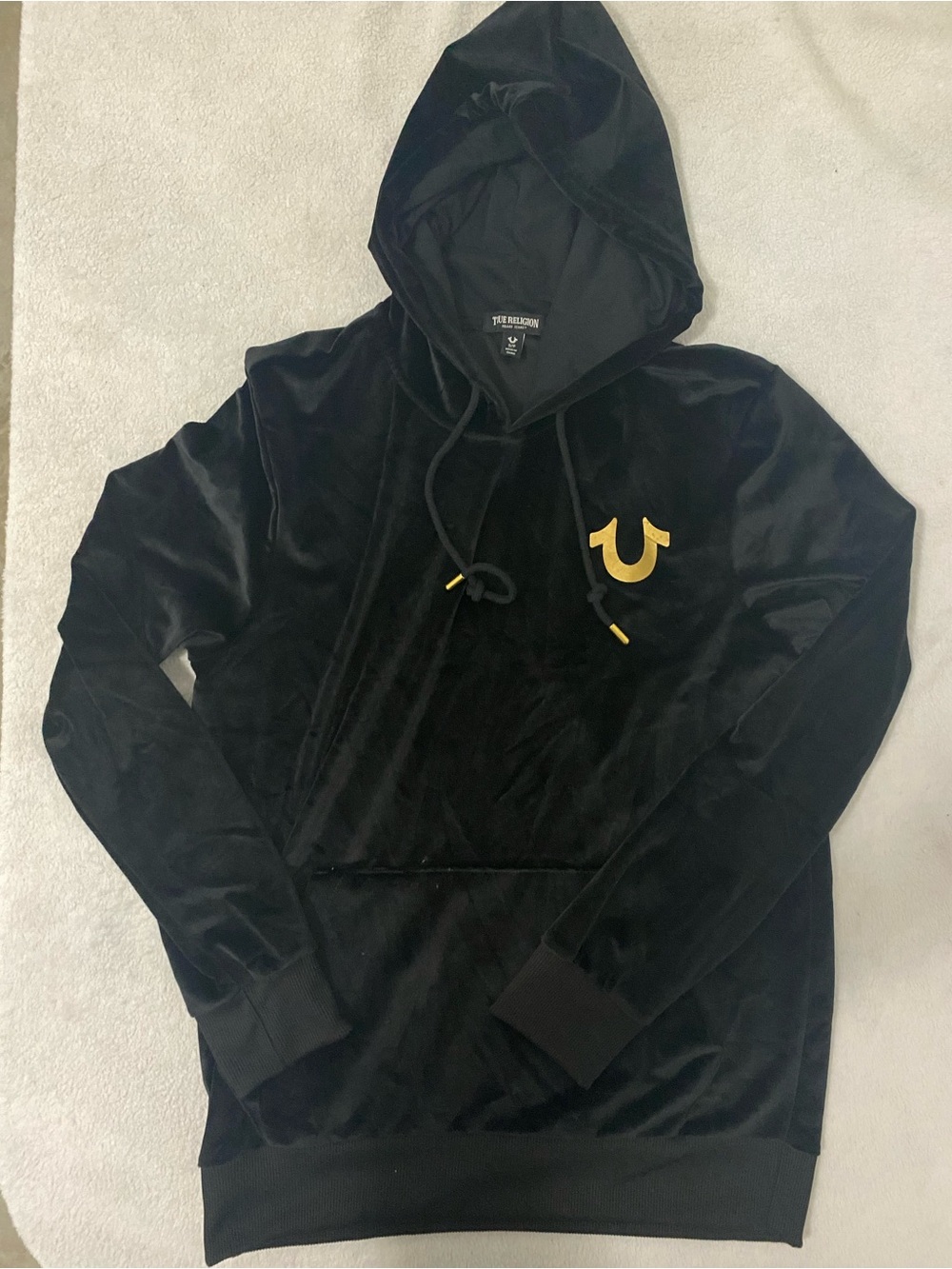 True Religion Black Velour Hoodie with Gold Logo Accent